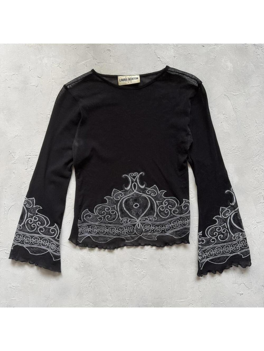 Vintage 2000s Black Sheer Mesh Long Sleeve Paisley Bell Sleeve Whimsigoth Top
